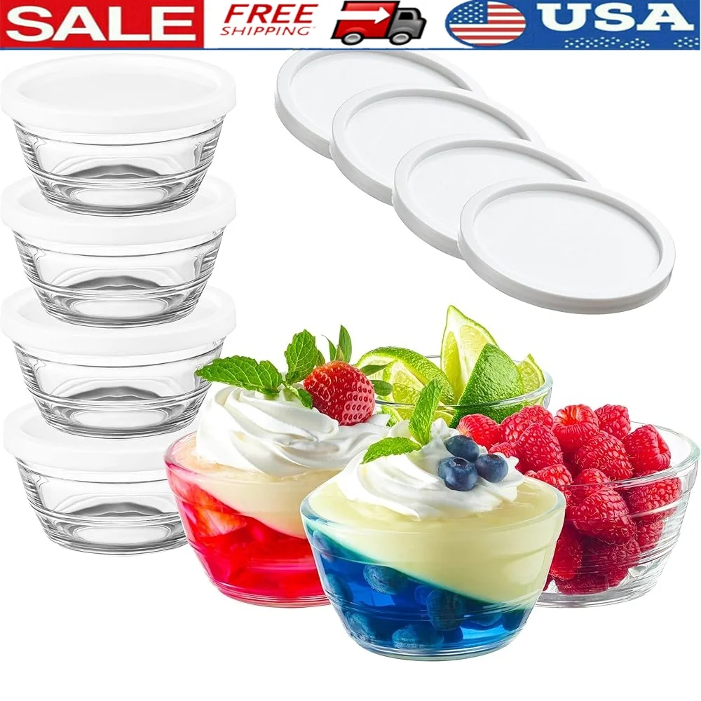 

16pc Small Glass Bowls with Airtight Lids Stackable Custard Cups Clear Food Prep Bouillon Snack Containers Dishwasher Safe