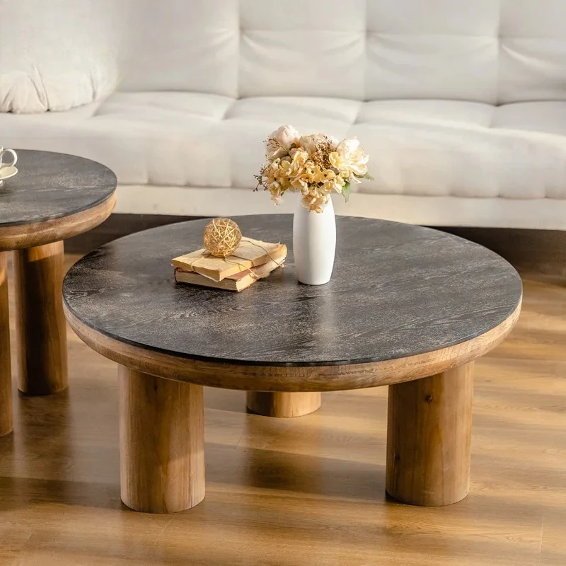 

American Solid Wood Retro Coffee Table - Medieval Style Balcony Round Tea Table, Retro Sofa Table