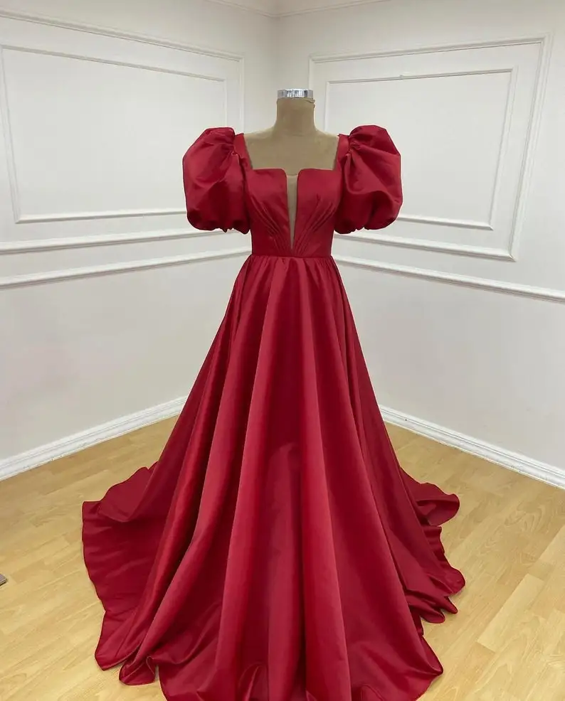 

Burgundy Evening Dresses Satin Pleats Long Cap Puffy Short Sleeves A Line Sweep Train Formal Party Elegant Prom Gown Custom made