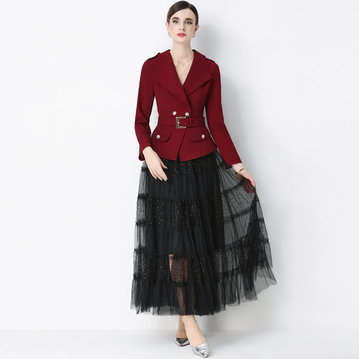 ZAMOR Tailored Blazer Skirt Set Women 2026 Notch Collar Long Sleeves Cinched Waist Structured Jacket Fluid Mesh Maxi Skirt Offic