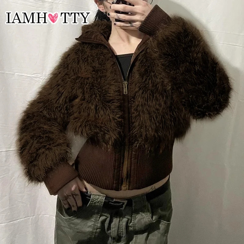 IAMHOTTY Faux Feather Jacket Brown Slim-fit Zipper Cardigan Vintage Turtleneck Warm Teddy Coat Winter Thin Outerwear Chic Women