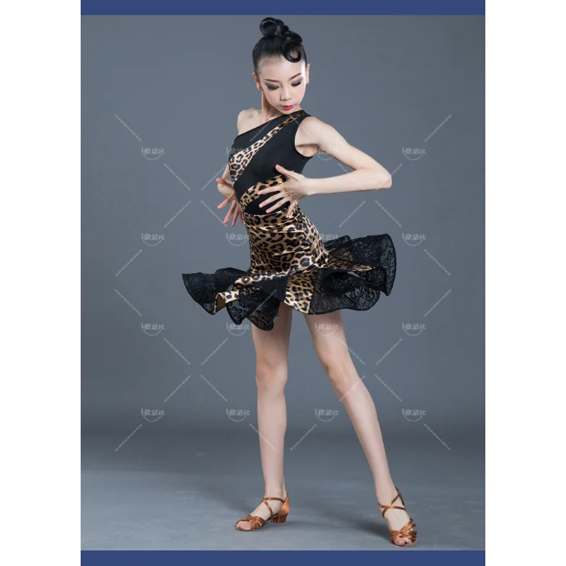 

1pcs/lot children sexy one shoulder leopard latin dance dresses girls dress girl show performance chacha dancing dresss