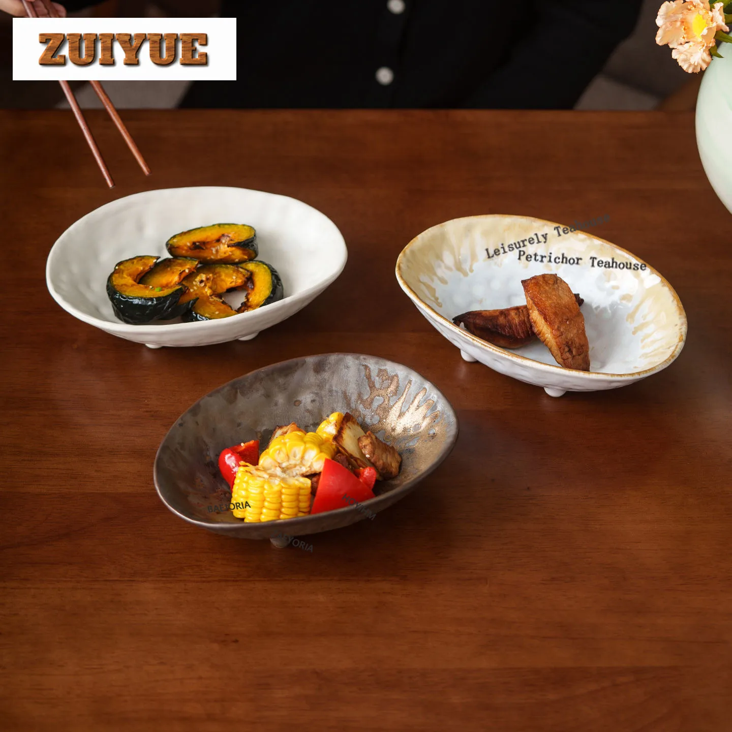 HOYIHM Kiln Fambe Hand Pinch Four-foot Serving Plate Soup Plate Fruit Dishes Dish Pasta Sashimi Sushi Tray Hotel Tableware