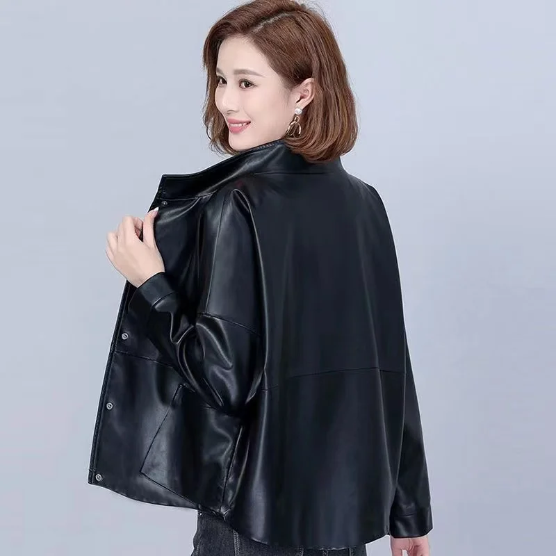 High-Quality PU Leather Jacket Women\'s 2024 Spring Autumn New Coat Short Korean Outwear Imitation Sheepskin Loose Ladies Tops