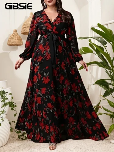 Imagen 1 del producto GIBSIE, vestido de talla grande con estampado Floral y cuello en V con cinturón para mujer, vestidos largos elegantes de manga larga para vacaciones bohemias para primavera y otoño