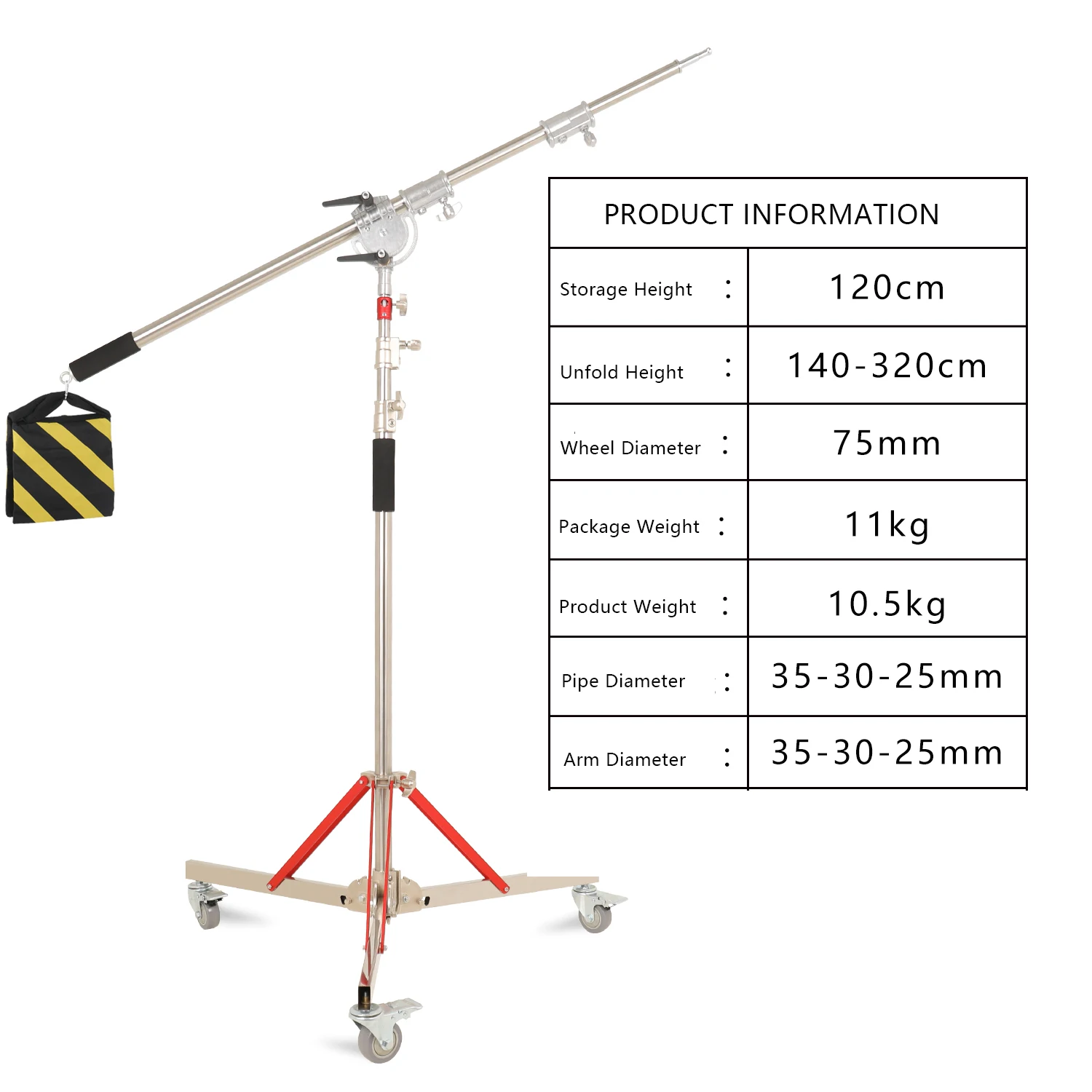 SH 320cm Photography Magic Leg With 3 Wheels All Metal C-Stand Bracket Stainless Steel Tripod For Stainless Steell Arm Crossbar