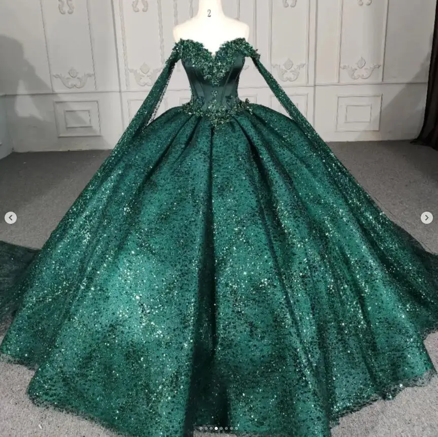 Caçador verde sparkly princesa quinceanera vestidos com manga longa cabo frisado floral gillter renda esmer vestido verde