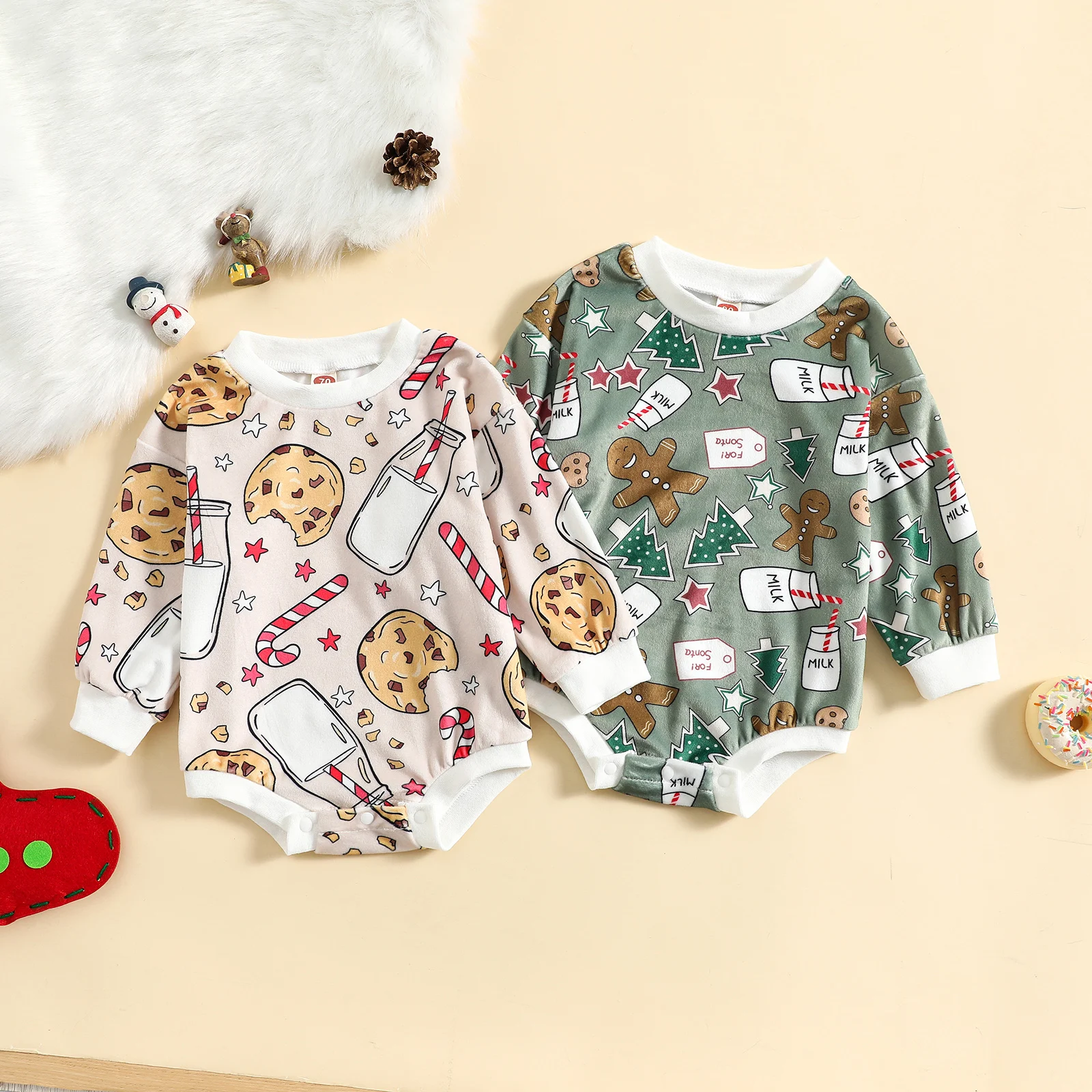 2022-08-26 Lioraitiin 0-24M Infant Baby Girls Boys Christmas Bodysuit Biscuits Milk Bottle Print Long Sleeve Jumpsuits