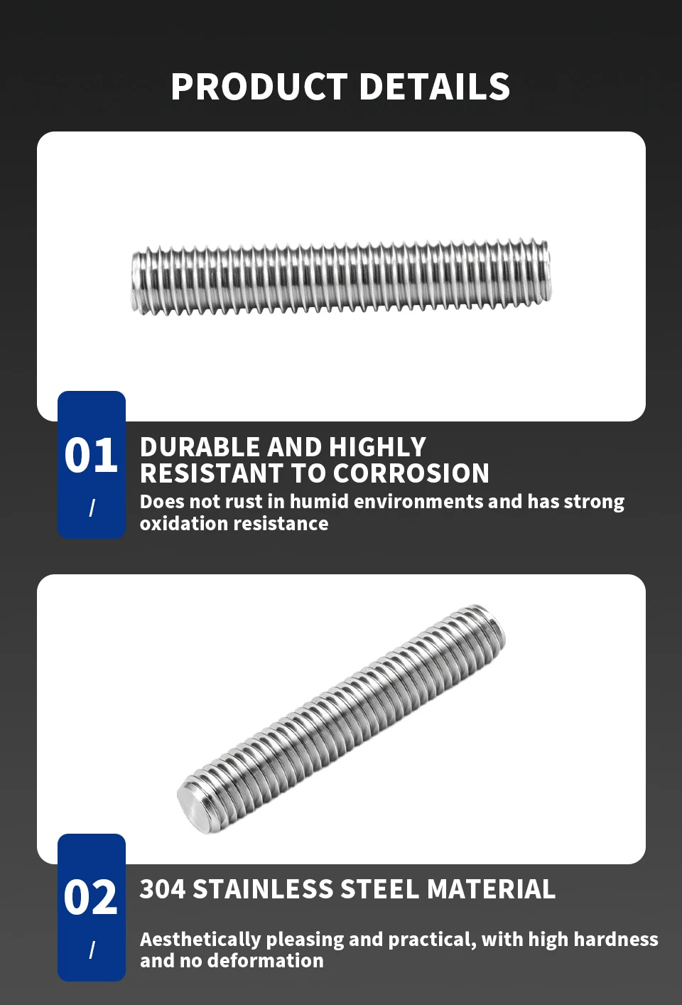 DIN976 304 Edelstahlkopflose Schraube, Metrische Vollgewindestange Gewindestange Bolzen M6 M8 M10 M12 M14 M16 – Detail 4