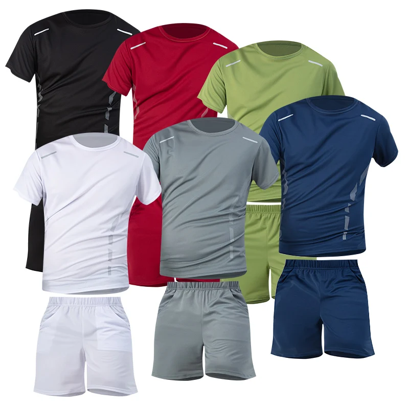 

2 Pcs Summer Men's Casual Sports Printed Quick Drying Set Youth Sports Mountaineering Fitness Loose Short sleeved Pocket Shorts