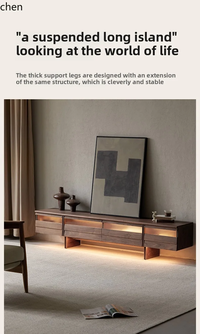 LXC black walnut medieval TV cabinet solid wood Chinese suspension Nordic