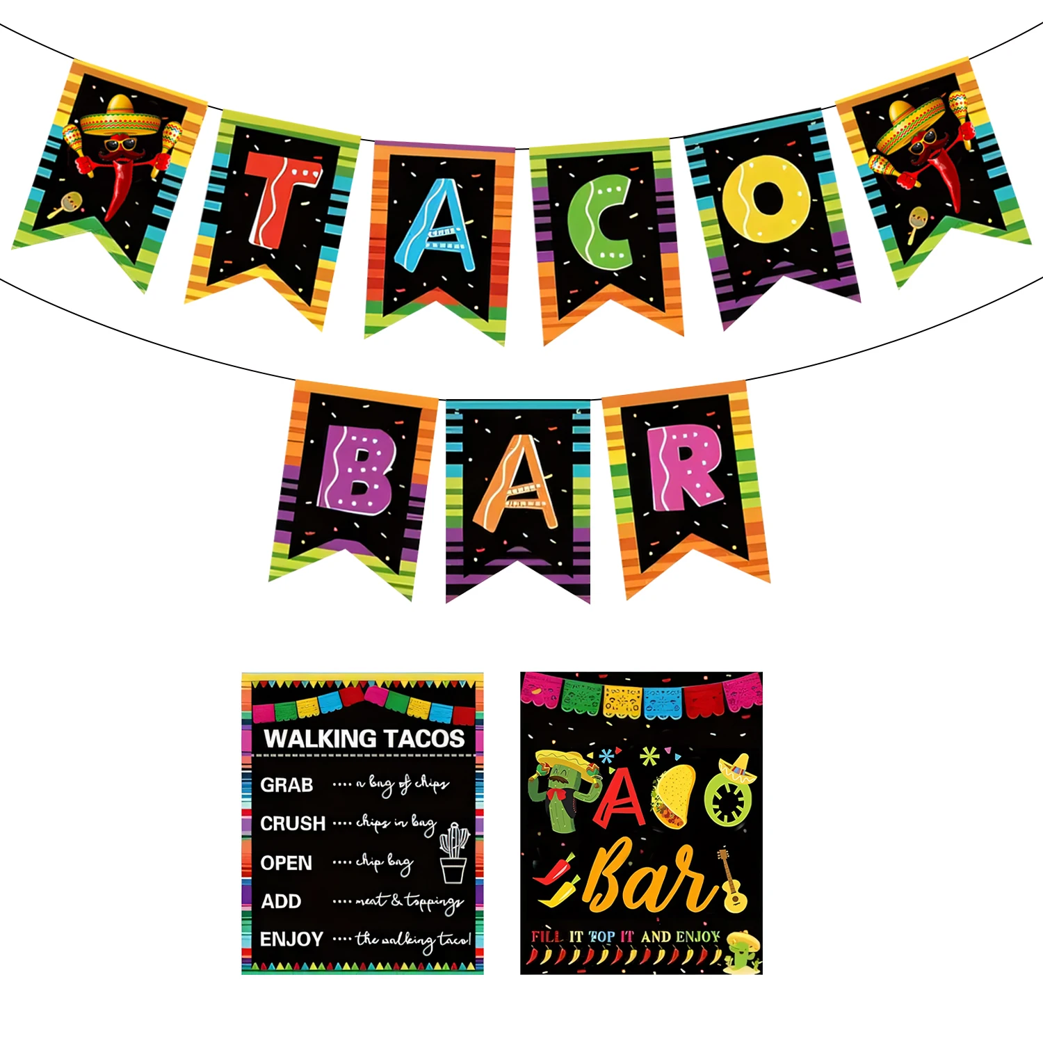 

Mexican Fiesta Taco Bar Banner Cinco De Mayo Party Decorations Colorful Game Tents Cards Kit for Mexican Themed Events