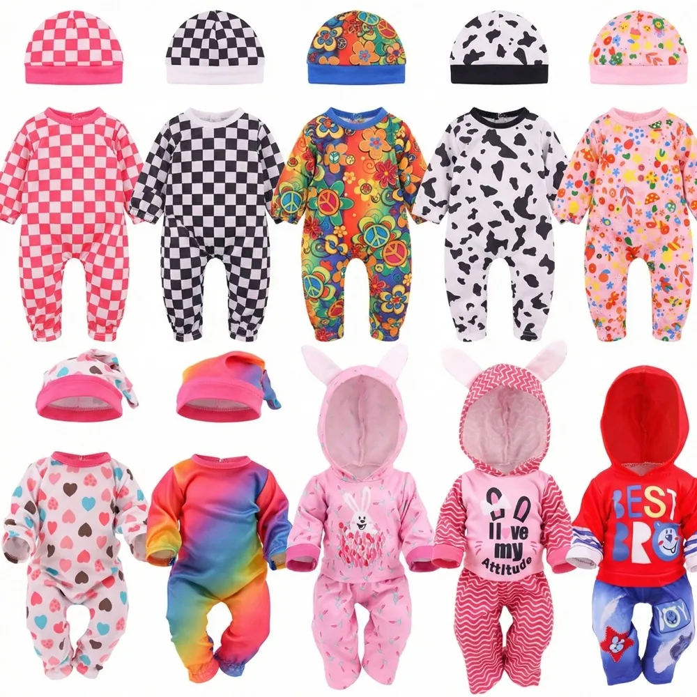 เสื้อผ้าตุ๊กตา 2 ชิ้น/ชุดเสื้อผ้า + หมวก ชุดน่ารักสำหรับใช้ในชีวิตประจำวัน ชุดนอนสำหรับตุ๊กตาเด็ก 43 ซม. และตุ๊กตาอเมริกัน 18 นิ้ว อุปกรณ์เสริมตุ๊กตา ของเล่น DIY สำหรับเด็กผู้หญิง