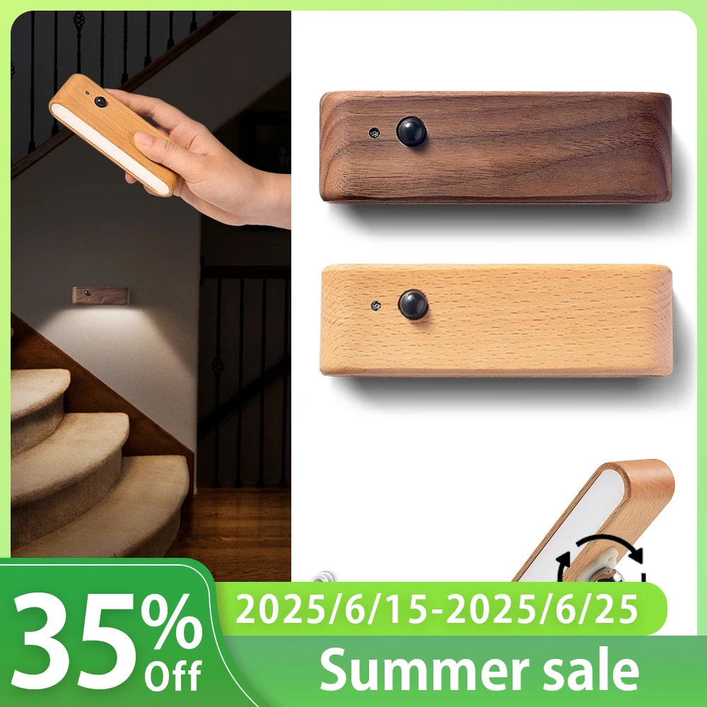 

LED Wall Sconces Nordic Wood Motion Sensor Night Light Magnetic Bedside Lamp Handheld Removable LED Wall Lamp 360° Rotation USB