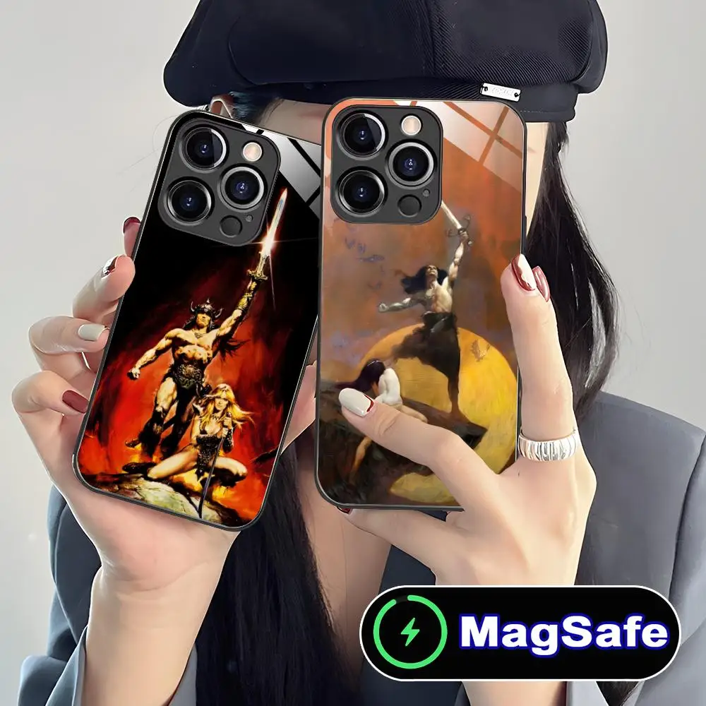 

Чехол для мобильного телефона Frank Frazetta Manga Glass MagSafe для iPhone 17 16 15 14 13 12 11 Air Pro Max Plus Mini, цветной