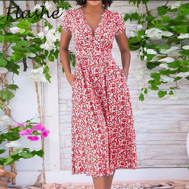 Summer V Neck Floral Print Party Dress Women Vintage Short Sleeve Midi Dress Spring Loose Pocket A-Line Dress 2022