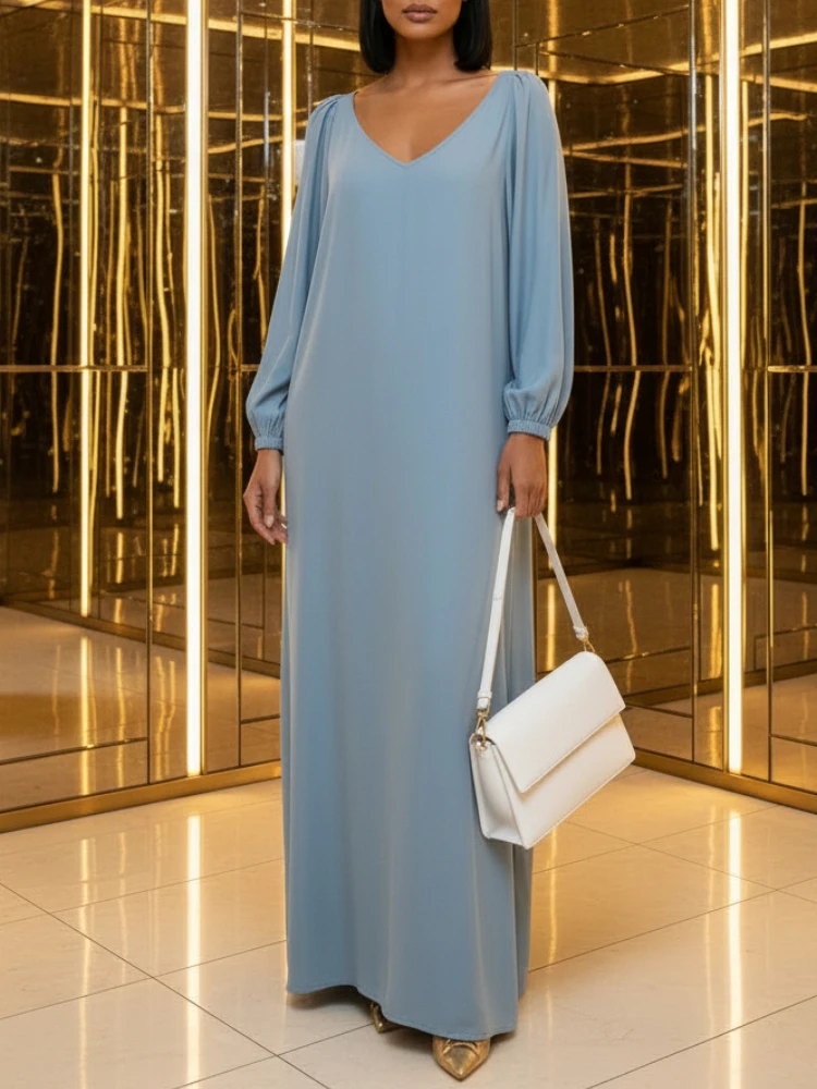 ZANZEA mujeres Denim-azul vestidos largos de fiesta moda suelta cuello pico manga larga abombada Maxi vestido de gran tamaño 2026 primavera mujer bata 3XL