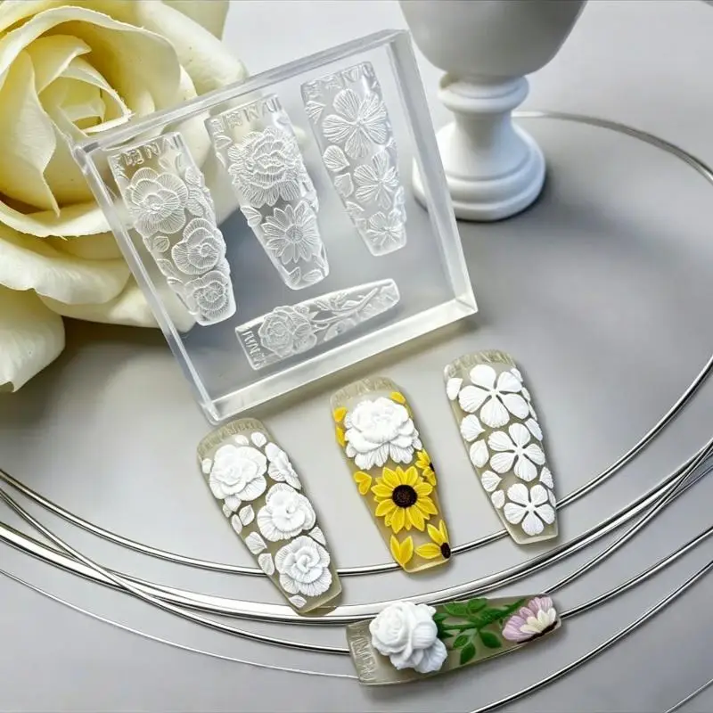Flower Nail Art Design Silicone Mold Carving Template for DIY Reusable Manicure Projects