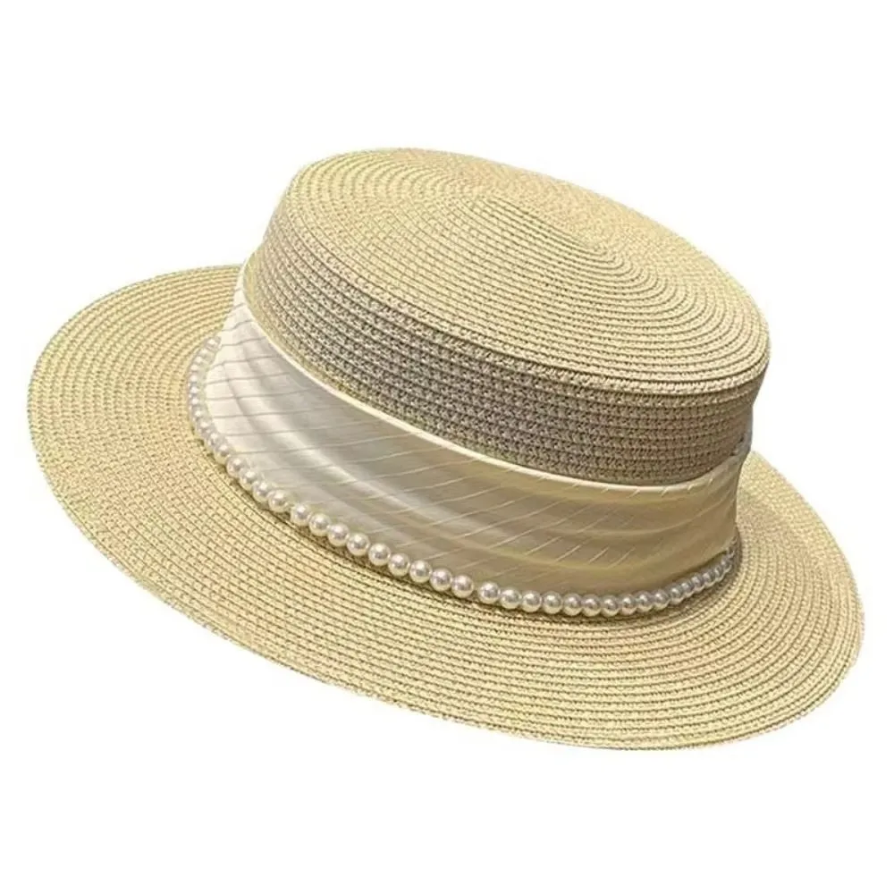 New French Hepburn Style Straw Hat Solid Color UV Protection Pearl Chain Hat Straw Weaving Breathable Flat Sun Hat Summer Season