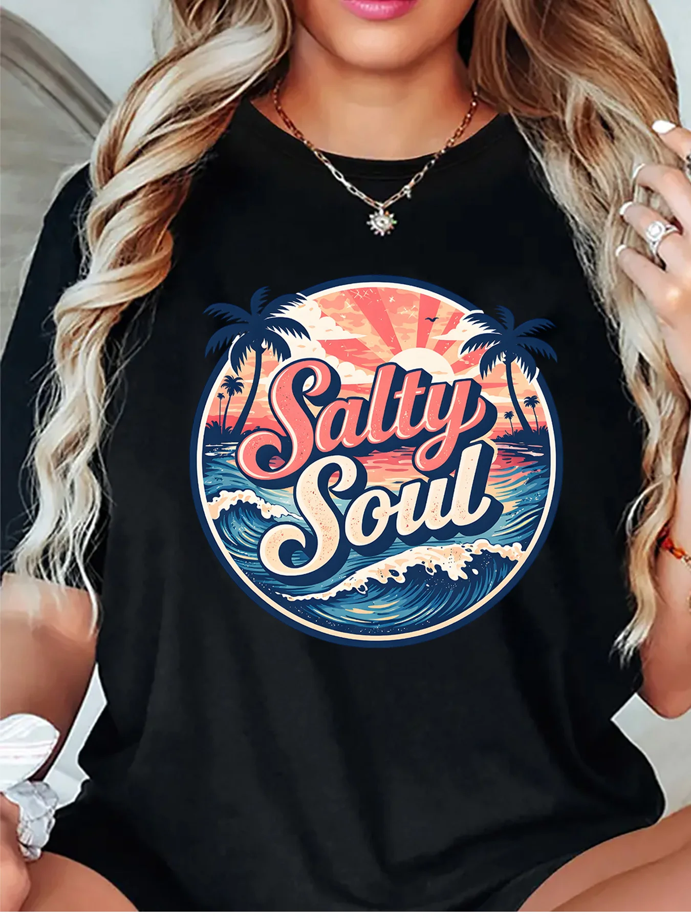 Salty Soul Retro Palm Tree Ocean Wave Sunset Graphic Womens T Shirt Short Sleeve Crew Neck Summer Beach Casual Ladies Tee Tops