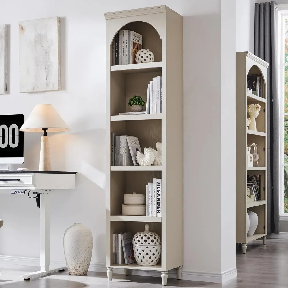 

76 Tall Arched Bookcase, Farmhouse 5 Tiers Narrow Arched Bookshelf Cabinet with Adjustable Shelves, Modern Wooden Book Shelf