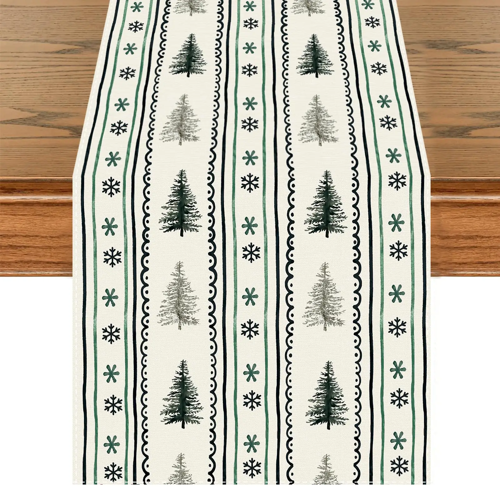 Christmas Tree Table Runner 13x72 Inch,Green Snowflake Stripe Winter Xmas Seasonal Holiday Tabletop Runner for Home Decoration