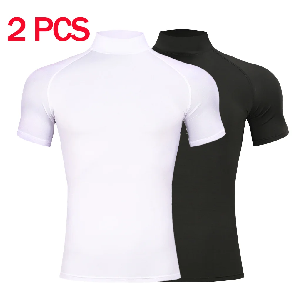 2Pcs Mens Compression T-shirt Summer Bodybuilding Sports Tight Turtleneck Short Sleeve Gym Quick Dry Running Male Workout Top