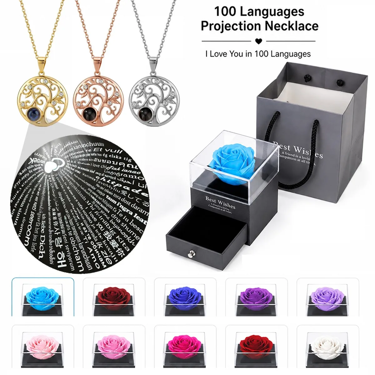 100 Languages Projection Pendant The Tree of Life Necklaces For Women With Rose Gift Box Christmas Valentine Birthday Jewelry