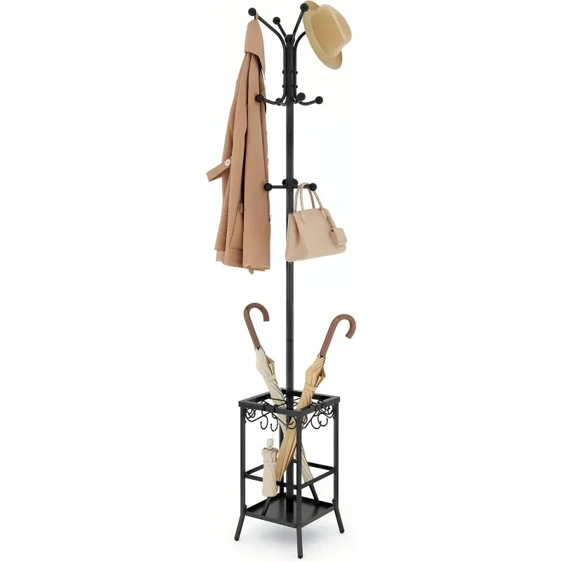 Coat Rack Freestanding, Entryway Hanger Stand, Umbrella Holder, Hall Tree with 12 Hooks, Floor Standing Metal Tree Stand, Black