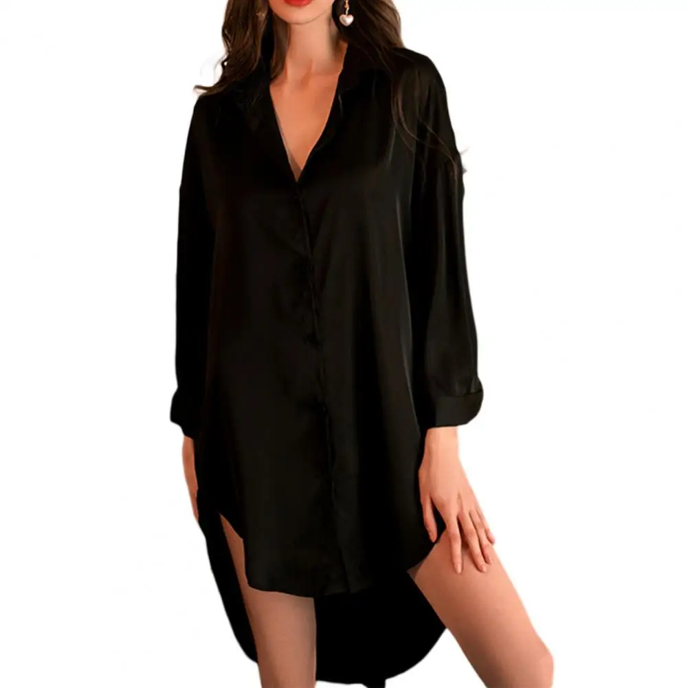 Women Pajama Shirt Homewear Commute Satin Silky Single-breasted Long Sleeve Loose OL Style Nightgown Wedding Night Clothes