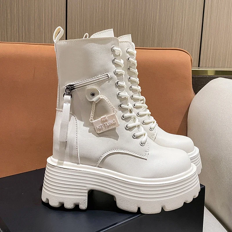 New 2023 Autumn Platform Mid-calf Boots 9CM High Heels Women Thick Sole Winter Leather Punk Shoes Chunky Motorcycle Boots Woman