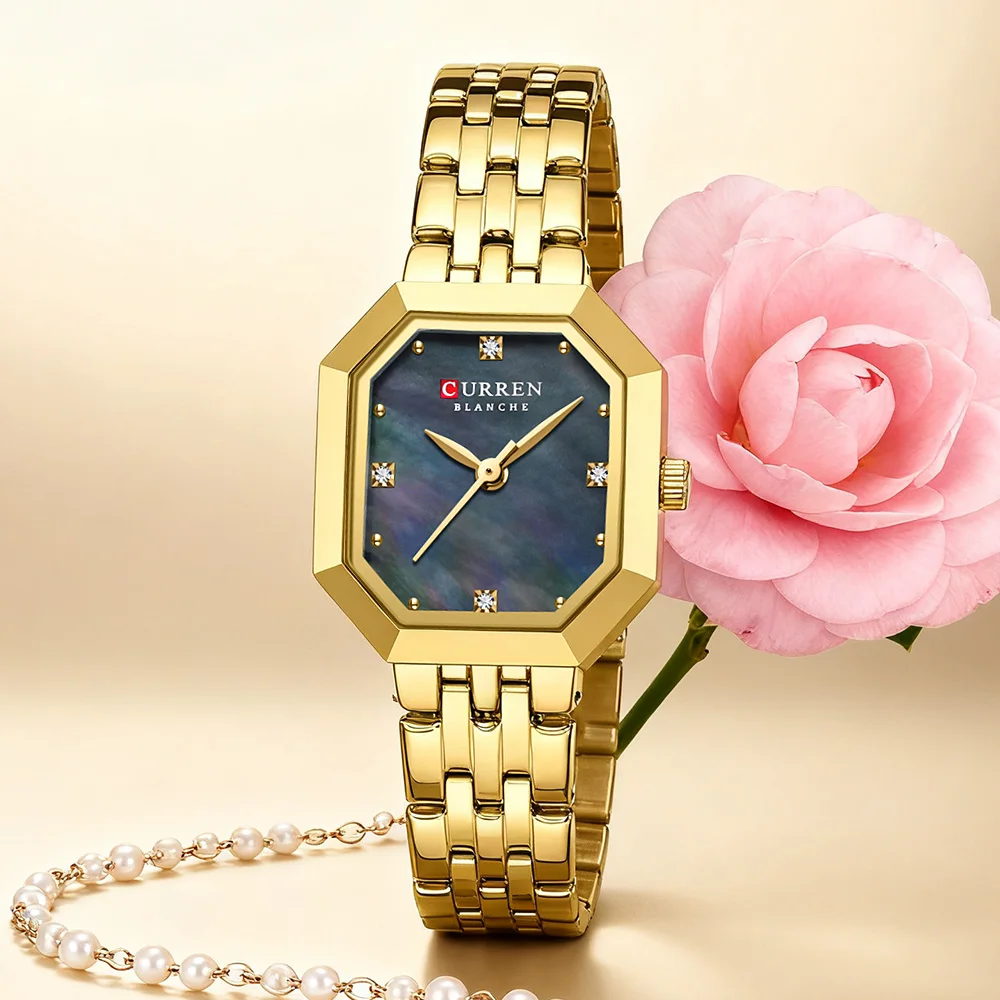 CURREN Luxury Minimalist Women's Watch with Stainless Steel Bracelet Elegant Dress Quartz Wristwatches with Shell Dial