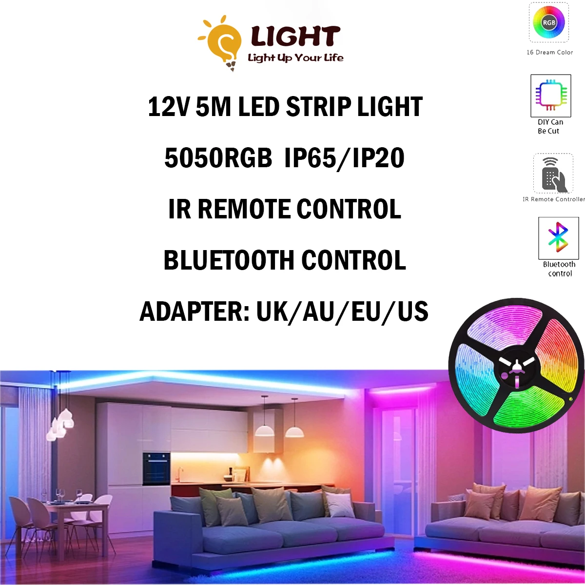 

1-5P Led lamp with Ip65/IP20 RGB infrared/Bluetooth remote control 5050 Flexible lamp with diode for TV background lighting Led