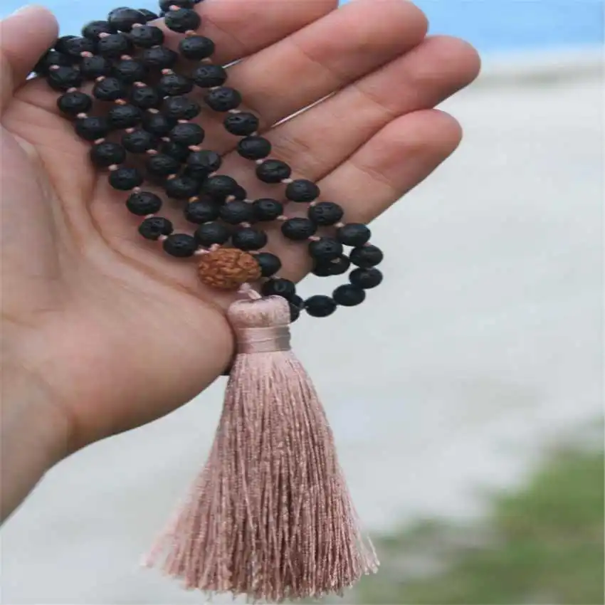 Natural Lava Rock 108 Beads Mala Necklace with Rudraksha Accent & Beige Tassel Spiritual Aromatherapy Jewelry view 4