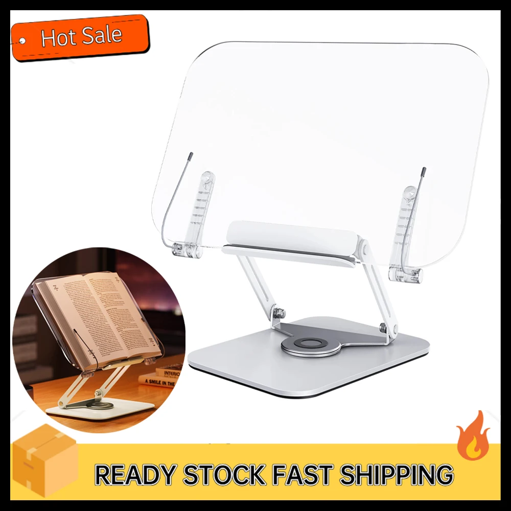 Desktop Book Stand for Reading with 360° Rotating Base Transparent Acrylic Panel & Page Clips Foldable and Angle Adjustable