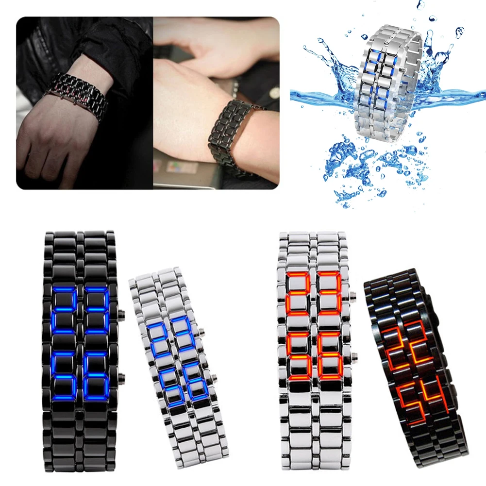 Fashion Black Full Metal Digital Lava Wrist Watch Men Red/Blue LED Display Men\'s Watches Gifts for Male Boy Sport Creative Clock