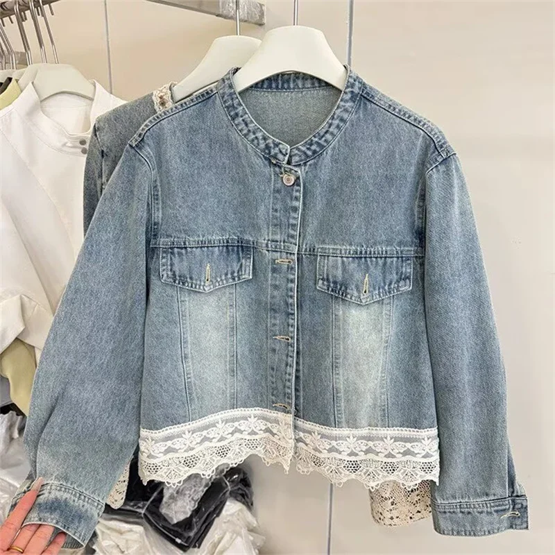 

Новая куртка Джинсовая куртка Ранняя весна Ретро стираный маленький воротник с кружевной строчкой Свободная повседневная джинсовая куртка Женская короткая абзац
