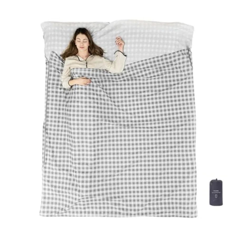 

100% Cotton Sleeping Bag Liner with Full Length Zipper on 3 Sides; Single/Double Adult Sleep Sack for Travel and Camping Multif