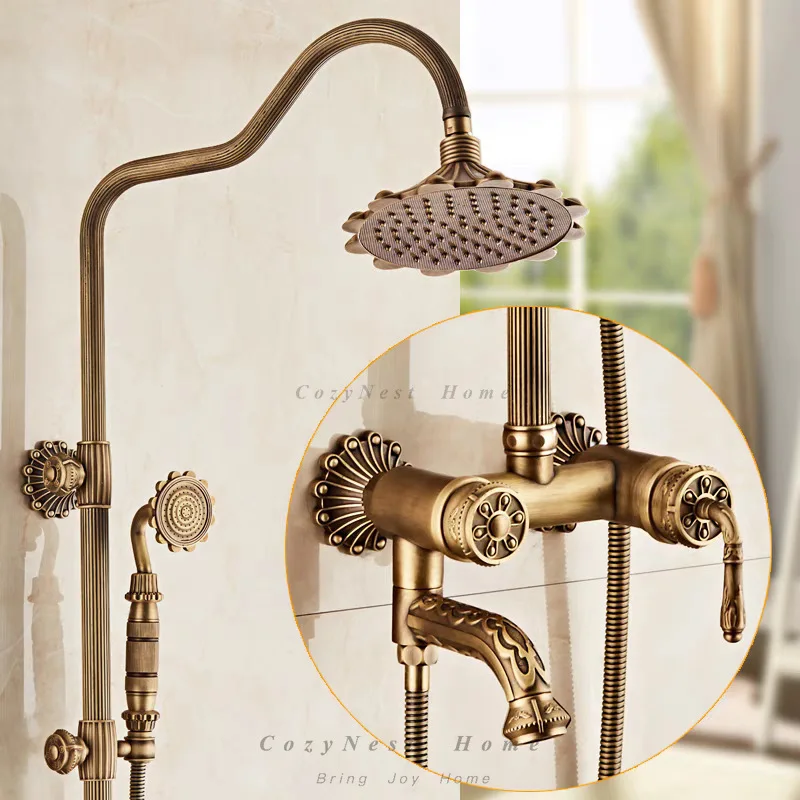 Brass engraved antique shower shower set hot and cold faucet retro copper bath mixing valve household