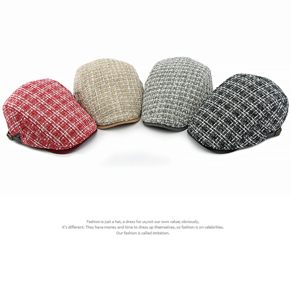 HT4324 Beret Autumn Winter Cap for Men Women Knitted Plaid Artist Painter Beret Hat Adjusted   Flat Cap Male Beret Cap