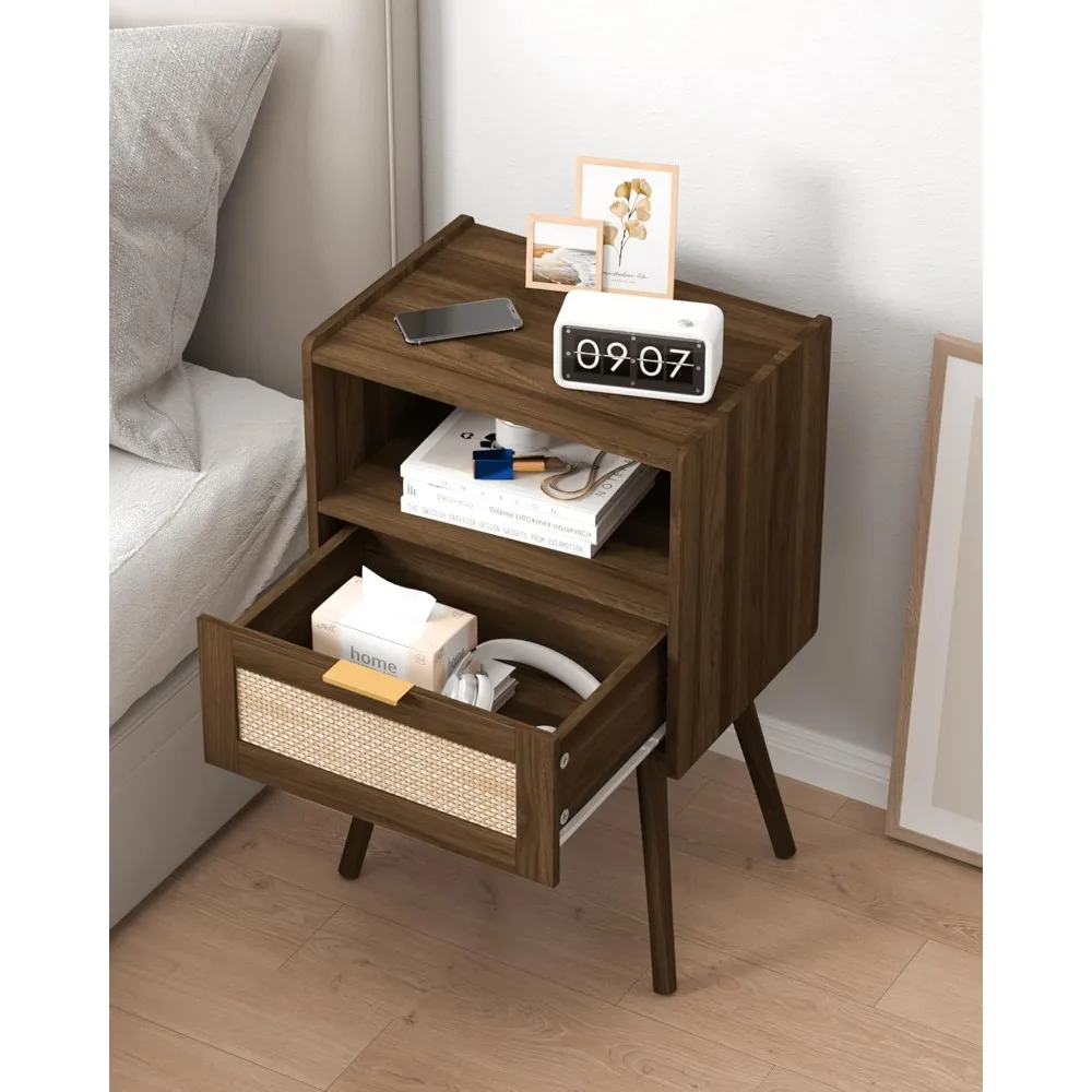 Rattan Nightstand with Solid Wood Legs,Bedside Table with Storage Drawer and Open Wood Shelf, for Living Room, Bedroom