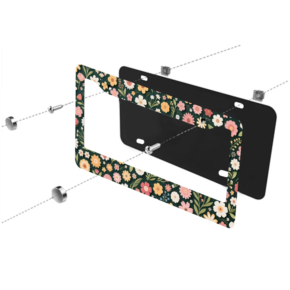 1 قطعة إطار لوحة ترخيص بنمط زهور عتيقة بفتحتين، تصميم زهرة متعدد الألوان، مادة ألومنيوم، 6 × 12 بوصة، مع طقم براغي