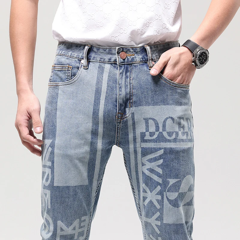 2024New High-End Jeans Men's Fashion Printed All-Matching Street Cool Handsome Slim-Fitting Skinny Trousers