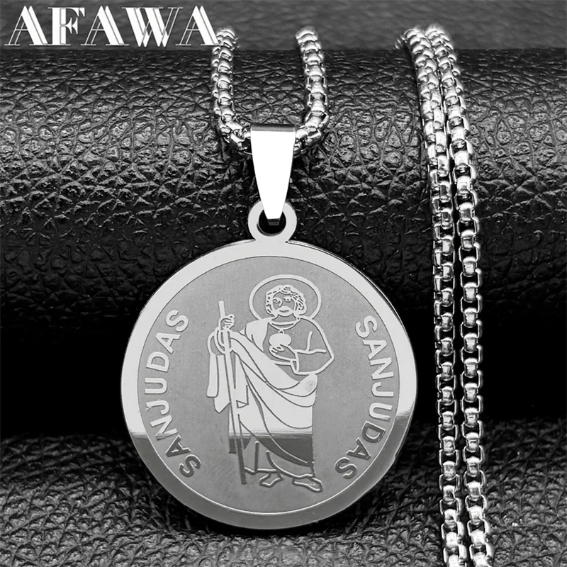 SAINT JUDAS Medal Pendant Necklace for Women Men Stainless Steel Silver Color Catholicism San Juda Chain Jewelry