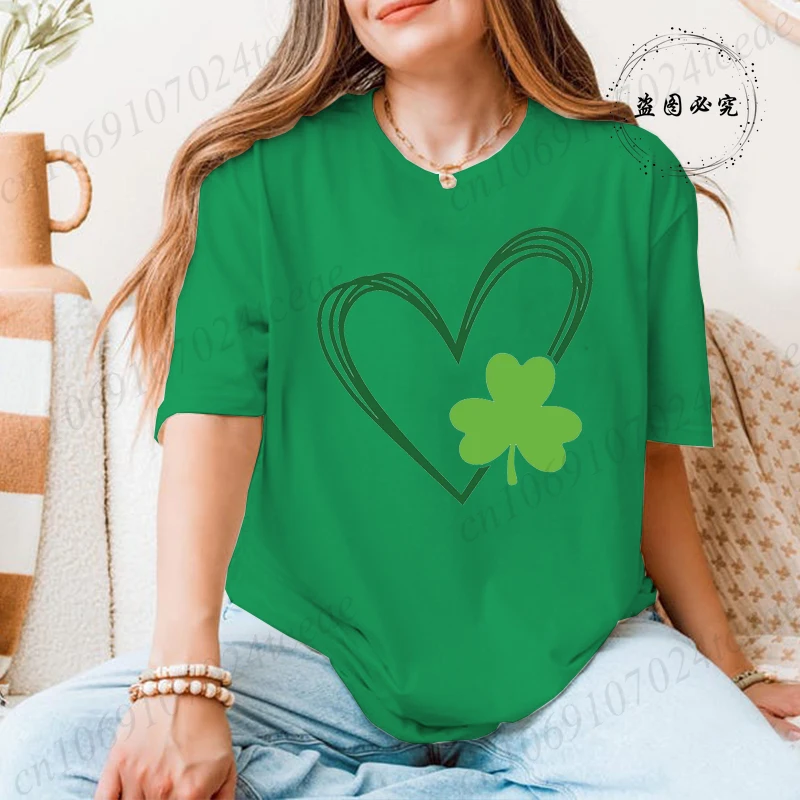 St Patrick's Day Tshirt Shirt for Women Lucky Heart Design Woman T-Shirts Short Sleeve St Patricks Fashion Female Tee Clothing