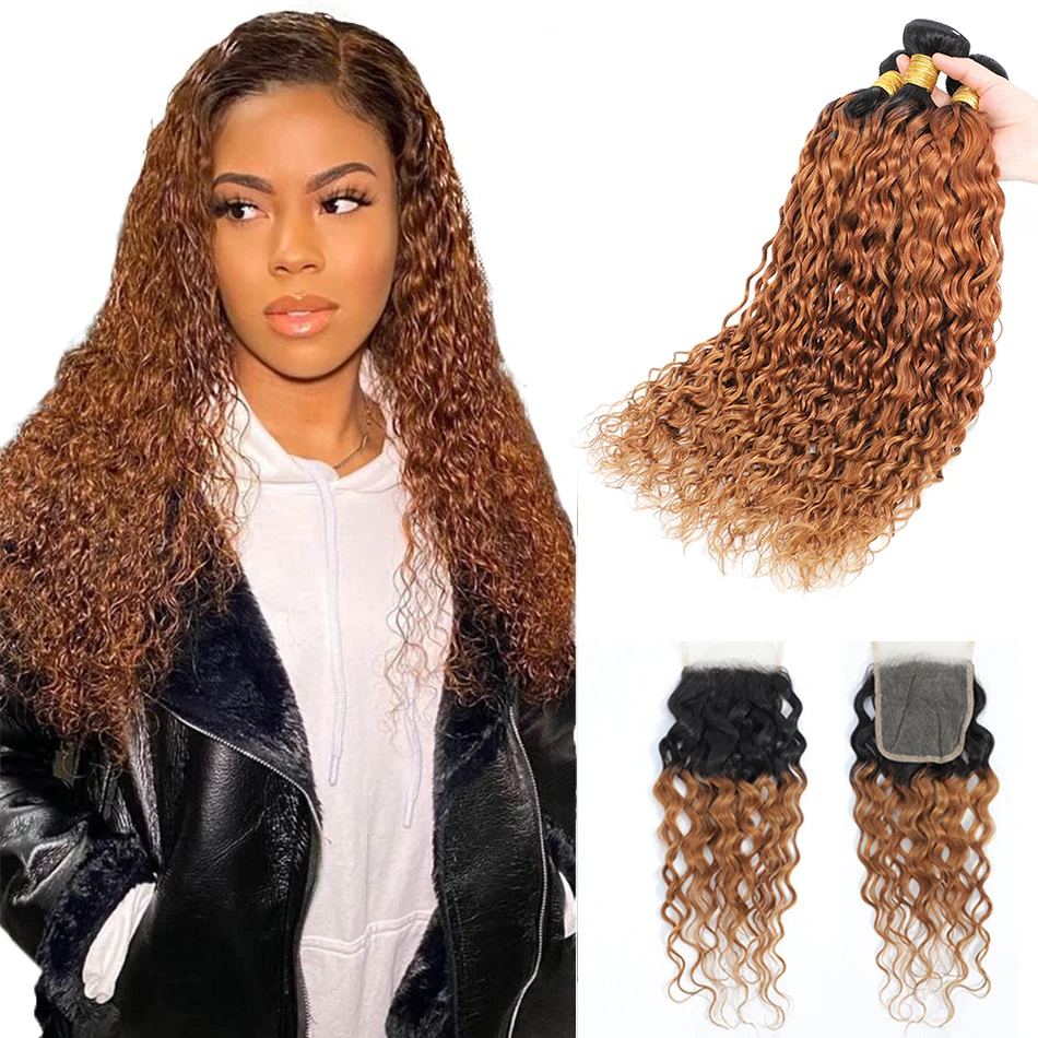 DreamDiana 10A Ombre Water Wave Human Hair Bundles With Closure 3 Bundles Peruvian Wavy Water Weave Bundles With Lace Closure