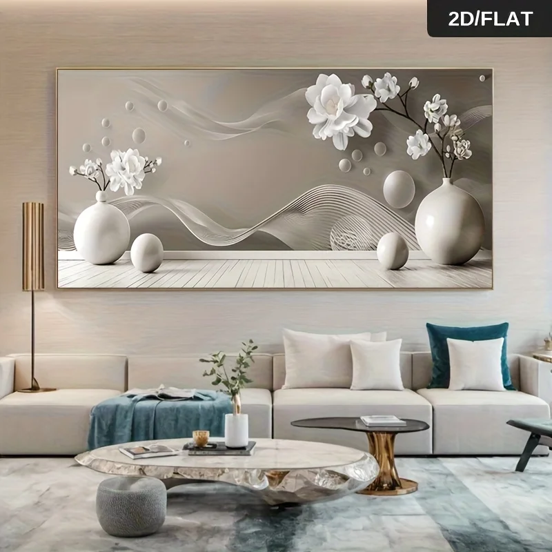 Frameless Modern Abstract Canvas Painting - White Vase with Blooming Flowers & Subtle Gray Waves, Wall Art for Living Room, Bedr