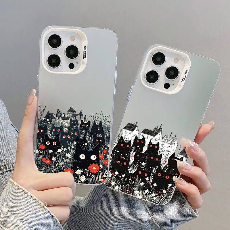 

Cartoon Black Group Of Cats Laser Phone Case for IPhone 13 Mini 12 11 Pro Max 16 15 14 Plus Pro Max Shockproof Back Cover Fundas