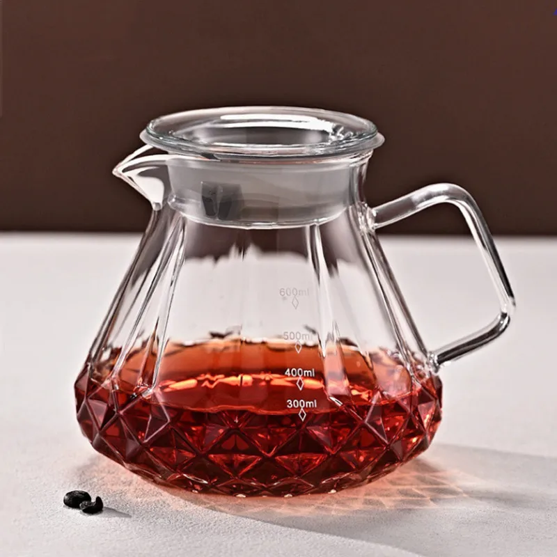 Pour Over Coffee Carafe with Ergonomic Handle For Hand Drip Coffee Heat Resistant High Borosilicate Glass Coffee Server with Lid