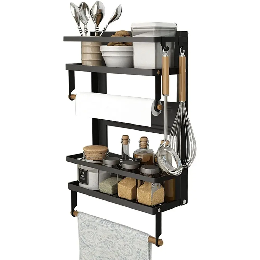 Estante Magnético para Especias, Organizador Magnético de Cocina o Refrigerador de 4 Niveles con 2 Portarrollos de Papel y 5 Ganchos Extraíbles, M